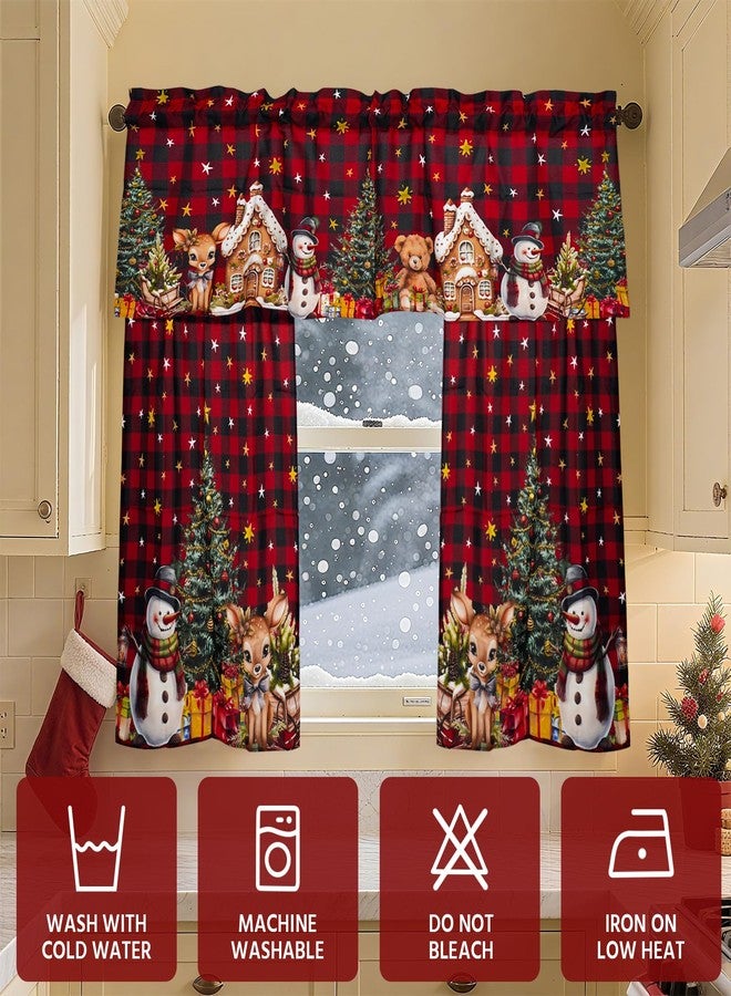 bnhjsdw 3 Pieces Christmas Kitchen Curtains Set, Plaid & Snowflake & Holly Xmas Curtains for Kitchen - Light Filtering, Easy Install Red Valances for Christmas Window Decor - Image 5